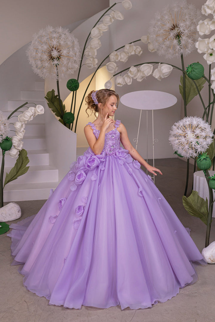 3m / Lilac Sunnypetal Elegant Lilac Sleeveless 3D Floral Princess Flower Girl Dresses
