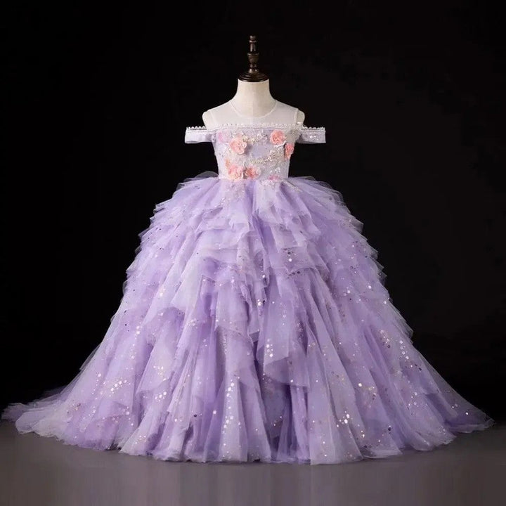 3m / Lilac Sunnypetal Lilac 3D Floral Ruffle Flower Girl Dress with Pearls and Sequins