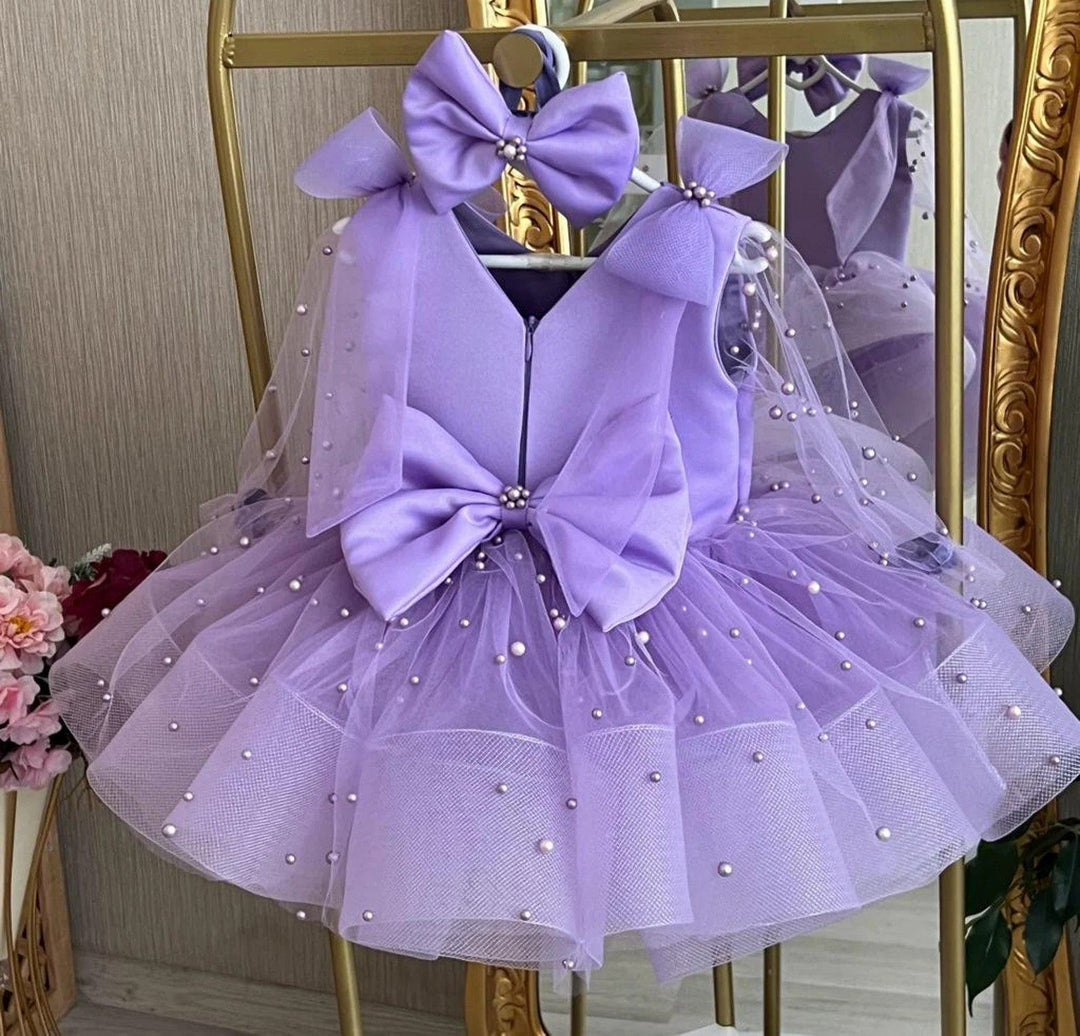 3m / Lilac Sunnypetal Lilac Sleeveless Bows Beaded Knee-Length Flower Girl Dresses