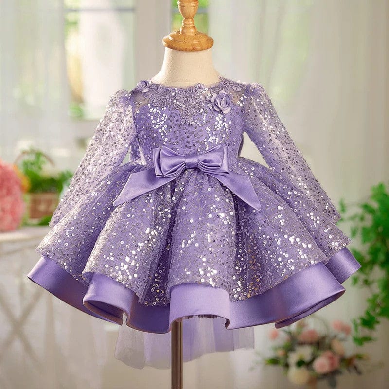 3m / Lilac Sunnypetal Lilac Sparkle Bloom Girl Dress with Bow and Floral Tulle Train