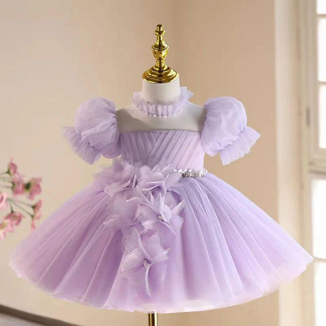 3m / Lilac Sunnypetal Lilac Tulle Knee-Length Flower Girl Dress with Floral Applique&Pearls