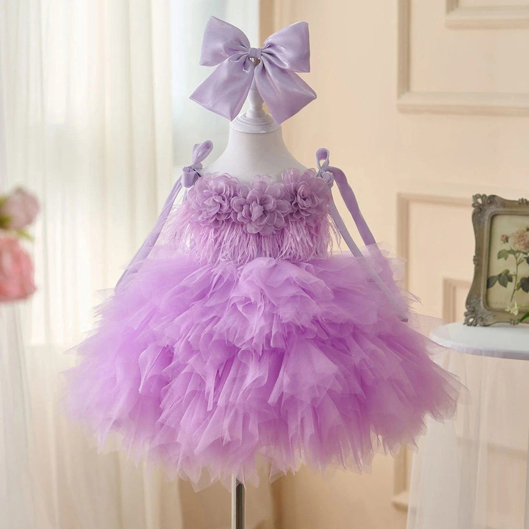 3m / Lilac Sunnypetal Sleeveless Layered Tulle Flower Girl Dress with 3D Flowers and Bow