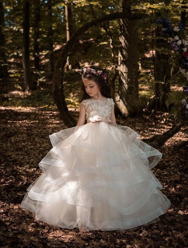 3m / lvory Sunnypetal Fairytale Ivory Lace and Tulle Flower Girl Ball Gown with Layered Skirt