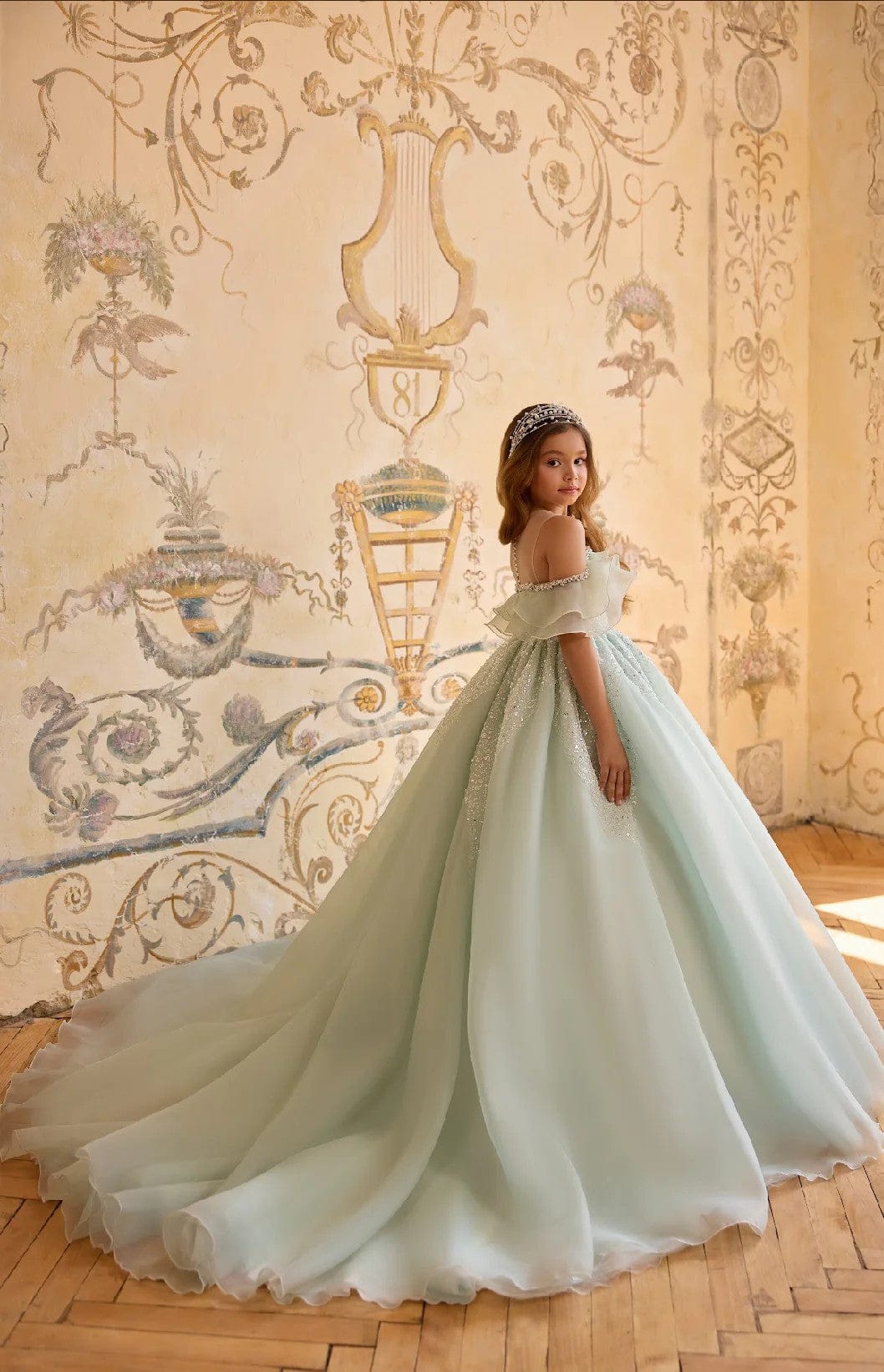 3m / Mint Green Sunnypetal Off-Shoulder Ruffle Neckline Long Tulle Pageant Flower Girl Dress