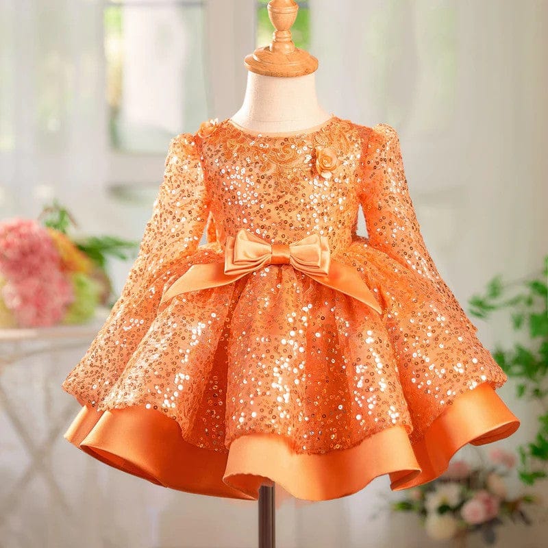 3m / Orange Sunnypetal Lilac Sparkle Bloom Girl Dress with Bow and Floral Tulle Train