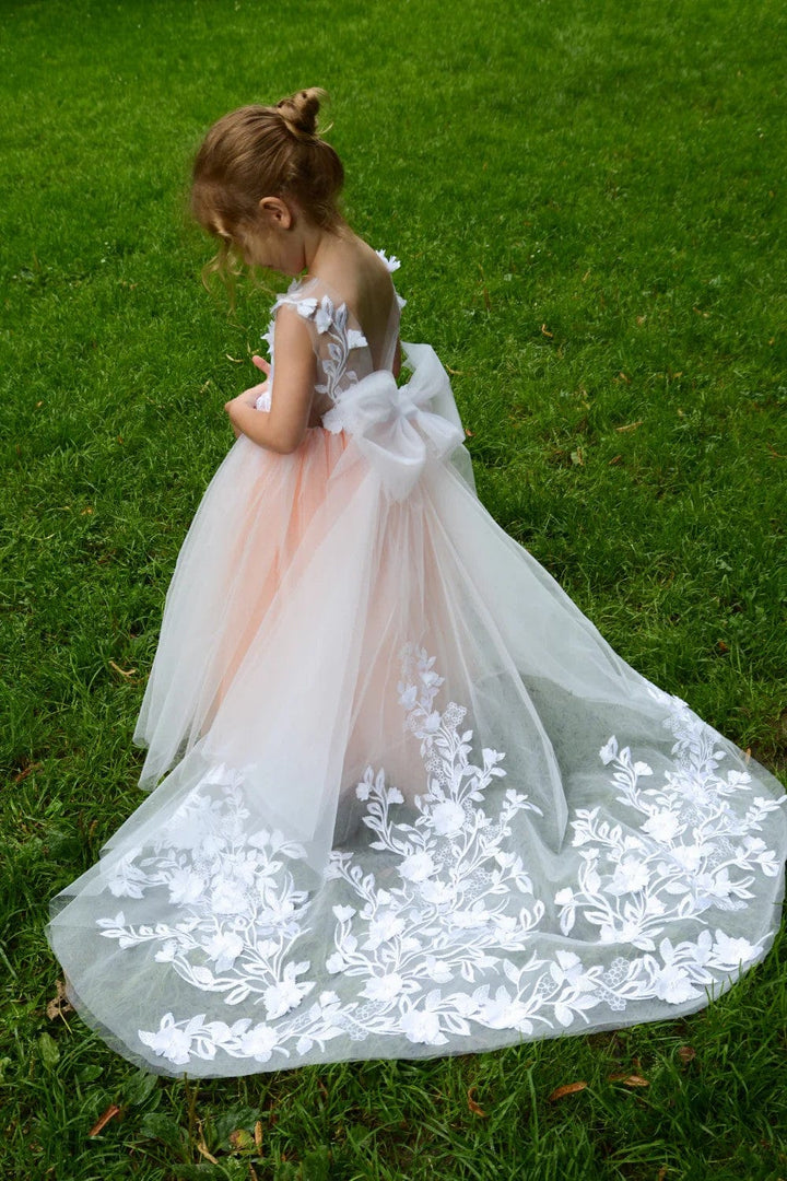 3m / Orange With Train Sunnypetal Puffy Tulle Flower Girl Dress Lace Sleeveless Wedding Birthday Party Dresses