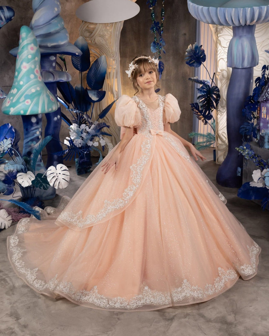 3m / Peach Sunnypetal Peach Glitter Tulle Princess Flower Girl Dress with Puff Sleeves & Lace Trim