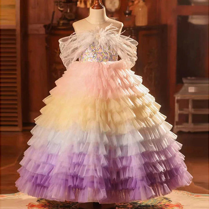 3m / Picture Color Sunnypetal Dreamy Rainbow Layered Tulle Ball Gown with Feather Details