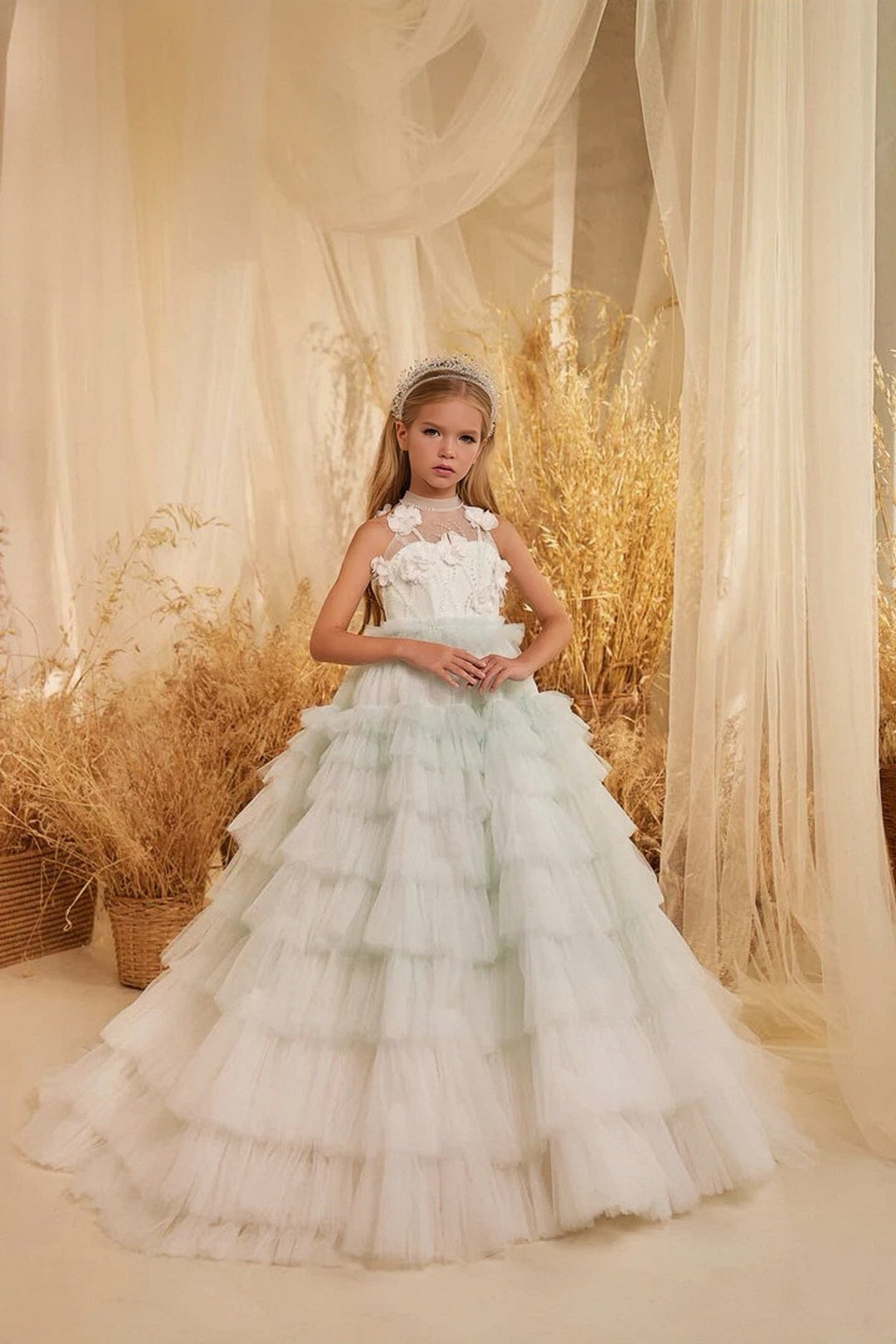 3m / Picture Color Sunnypetal Elegant Sleeveless High Neck Ruffled Ombre Flower Girl Dress with 3D Flowers