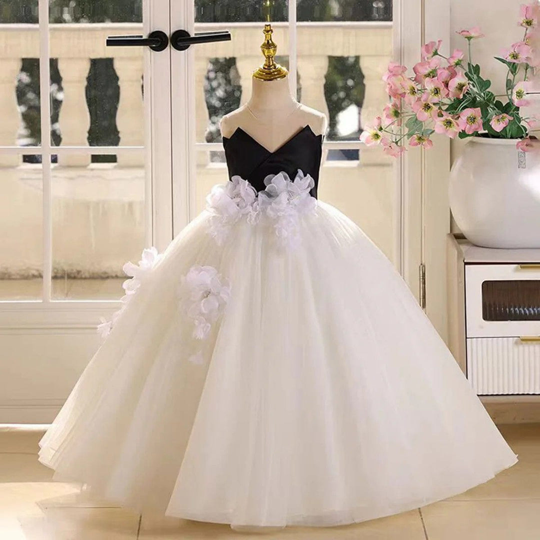 3m / Picture Color Sunnypetal Enchanted Bloom – Black & White Tulle Flower Girl Gown