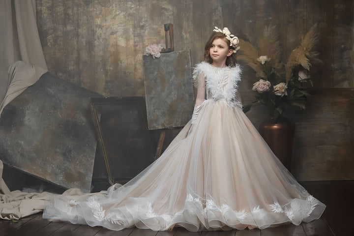3m / Picture Color Sunnypetal Enchanting Feather-Trimmed Lace Ball Gown for Little Princesses