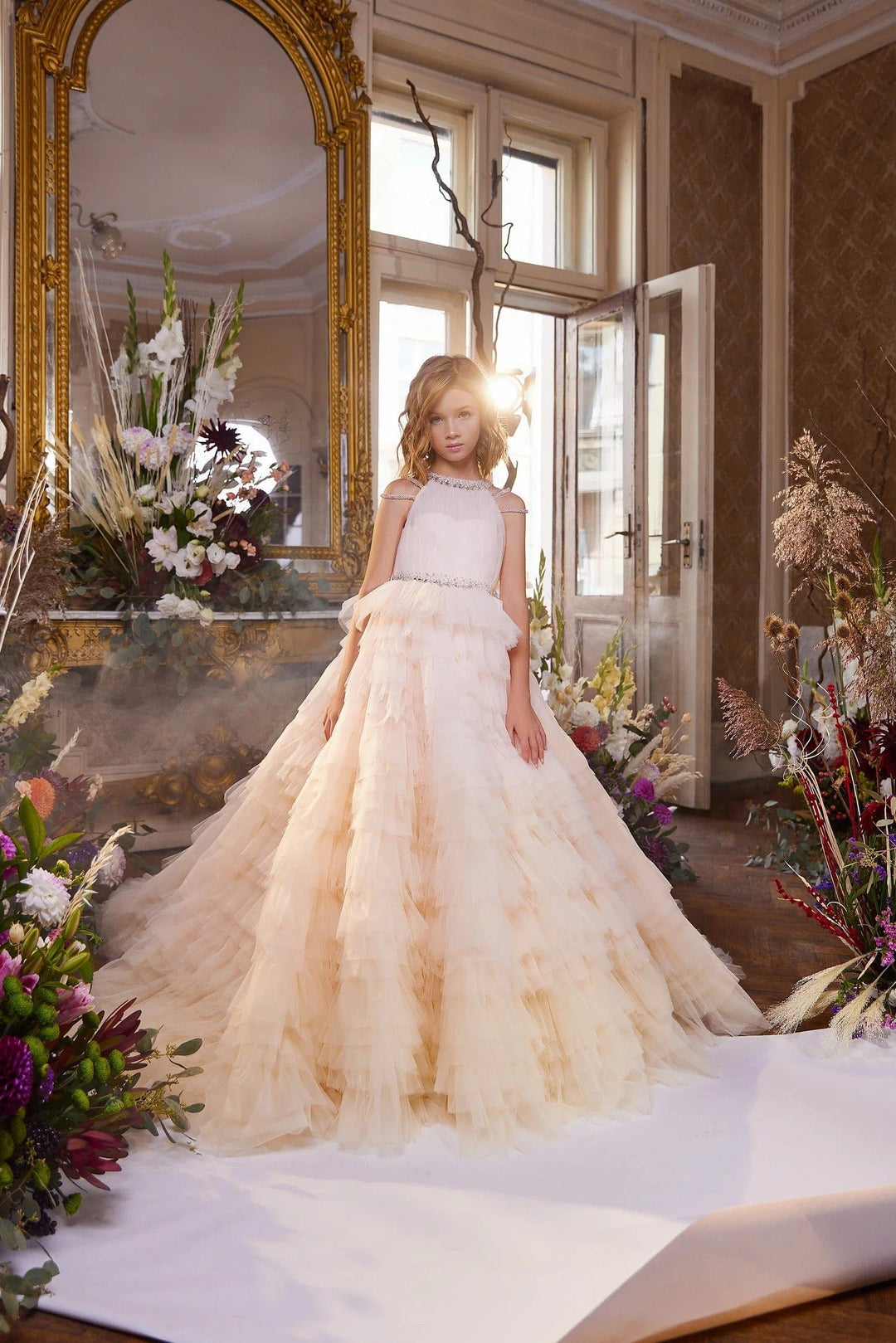 3m / Picture Color Sunnypetal Enchanting Ruffled Tulle Flower Girl Dresses Wedding Pageant Ball Gown
