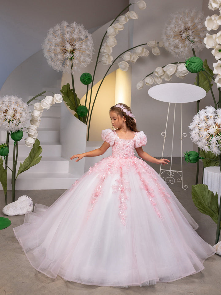 3m / Picture Color Sunnypetal Exquisite Puff Sleeve Glittering Tulle Flower Girl Dress with Floral Appliqués