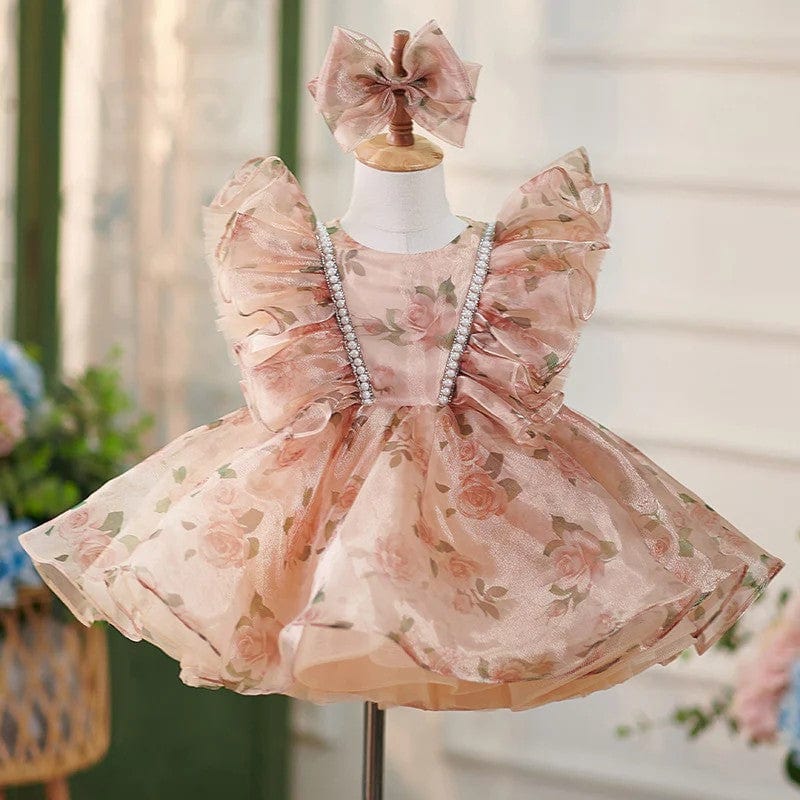 3m / Picture Color Sunnypetal Floral Puff Sleeves Pearls Knee-Length Birthday Party Baby Girl Dress