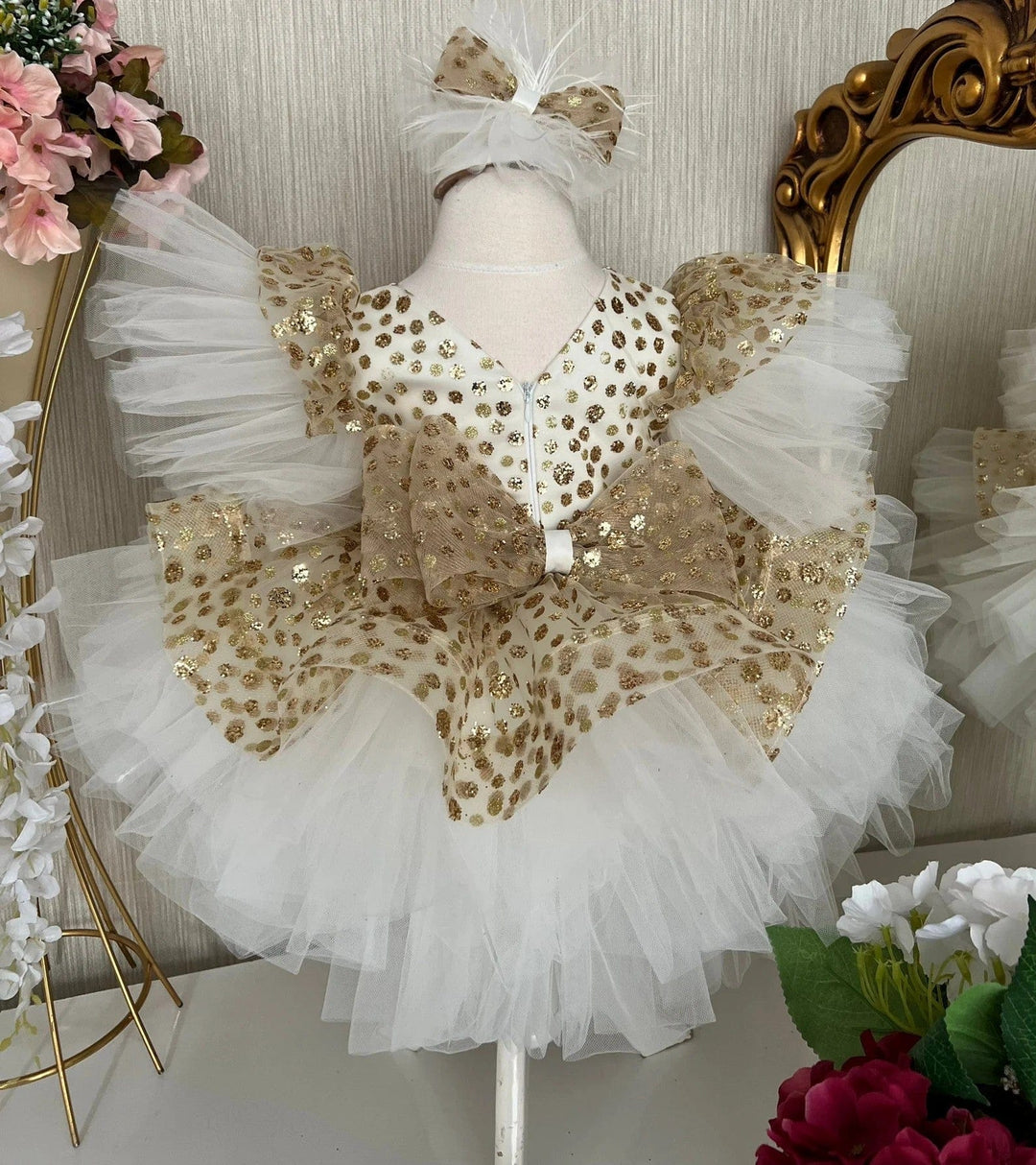 3m / Picture Color Sunnypetal Gold Sequin White Tulle Flower Girl Dress with Puffy Sleeves and Big Bow