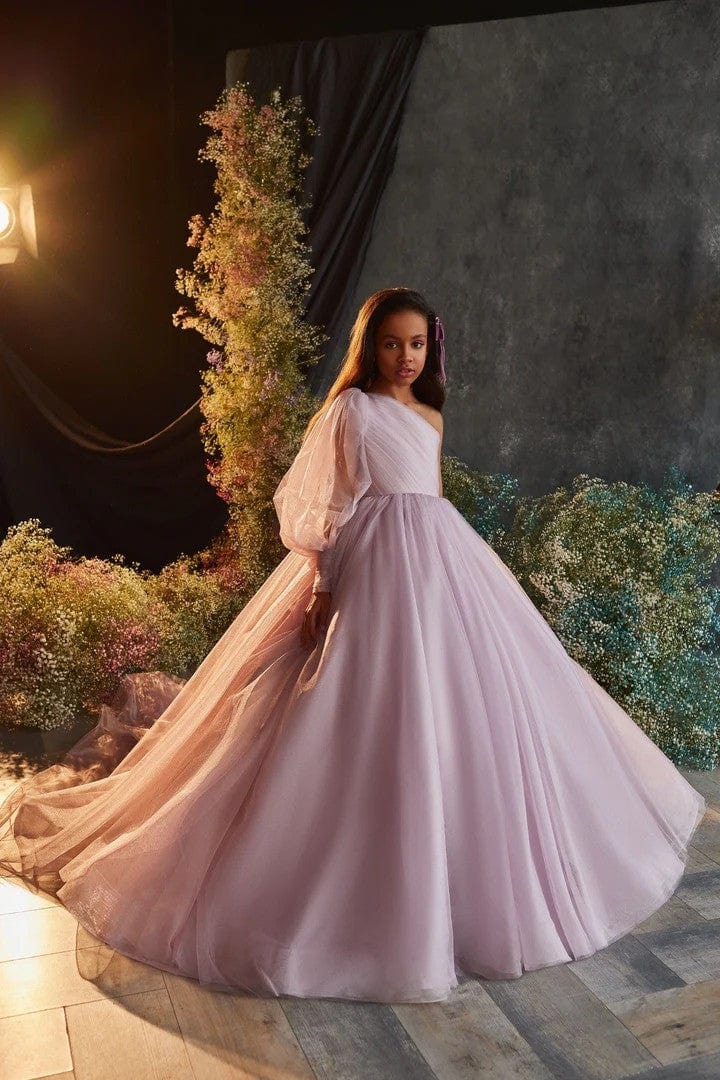 3m / Picture Color Sunnypetal One-Shoulder Long Princess Tulle Flower Girl Dresses with Puff Sleeve