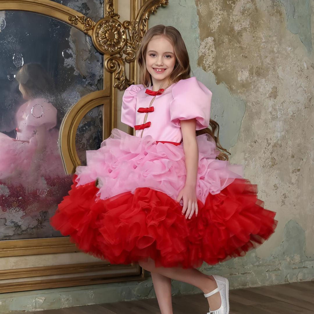 3m / Picture Color Sunnypetal Rose Carnival – Layered Tulle Flower Girl Dress in Pink & Red