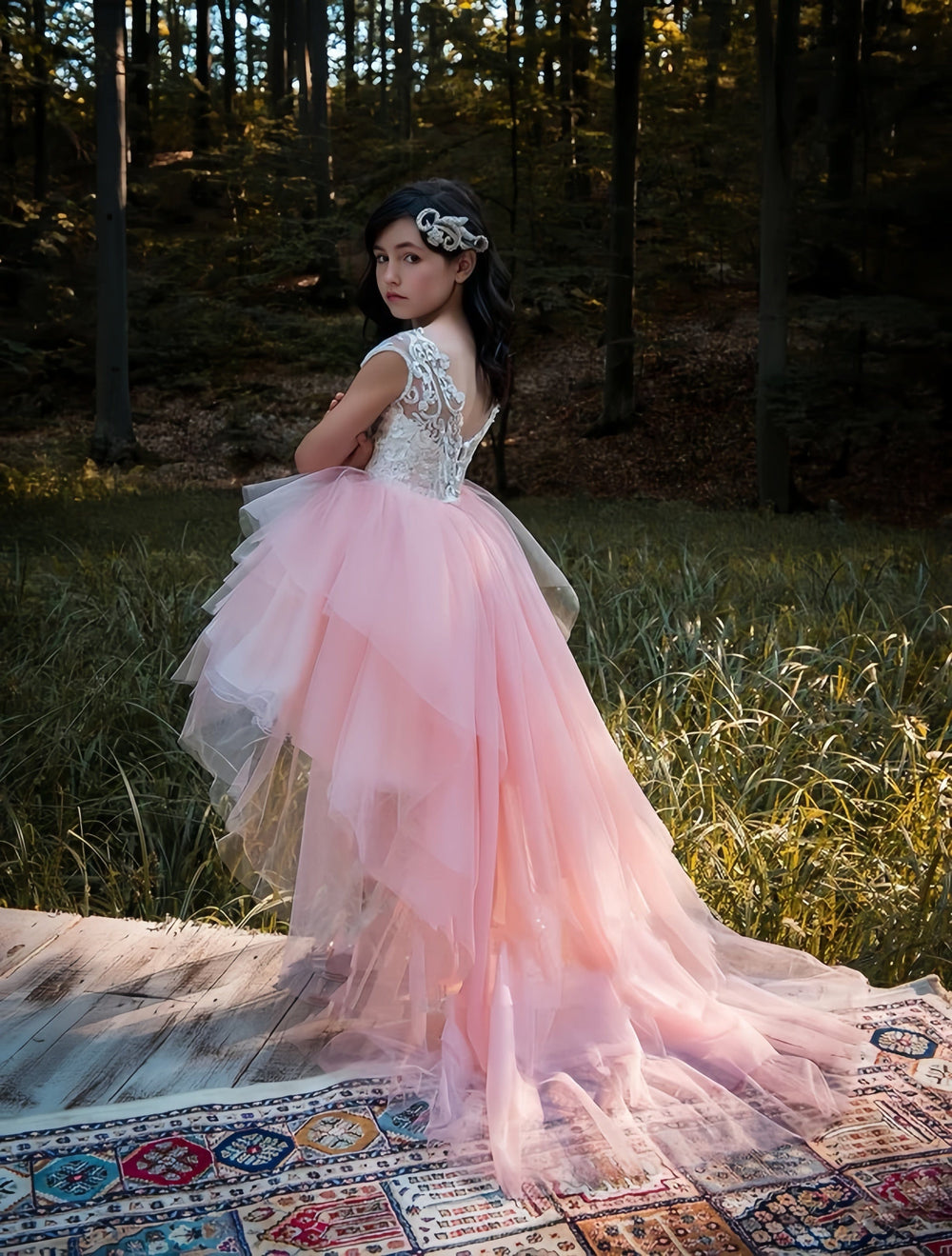 3m / Pink Sunnypetal Cap Sleeves V Back Lace Appliques High-Low Flower Girl Dress