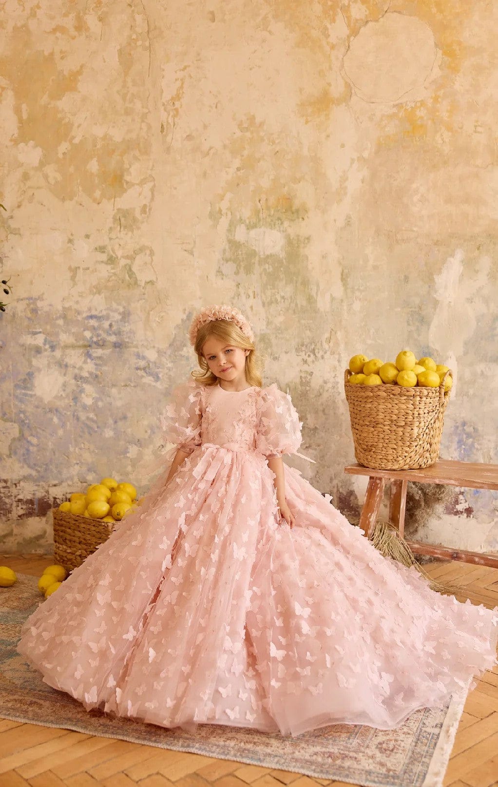 Sunnypetal Dreamy Pink Tulle 3D Butterfly Birthday Pageant Flower Girl Gown