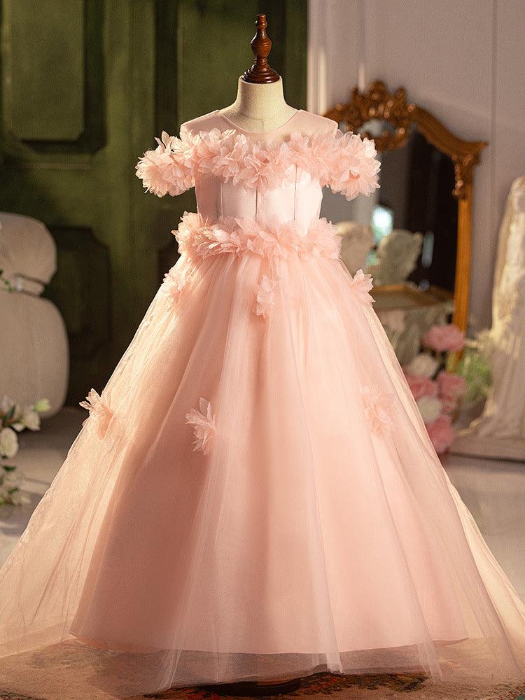 3m / Pink Sunnypetal Exquisite Pink 3D Flower Long Tulle Flower Girl Dresses