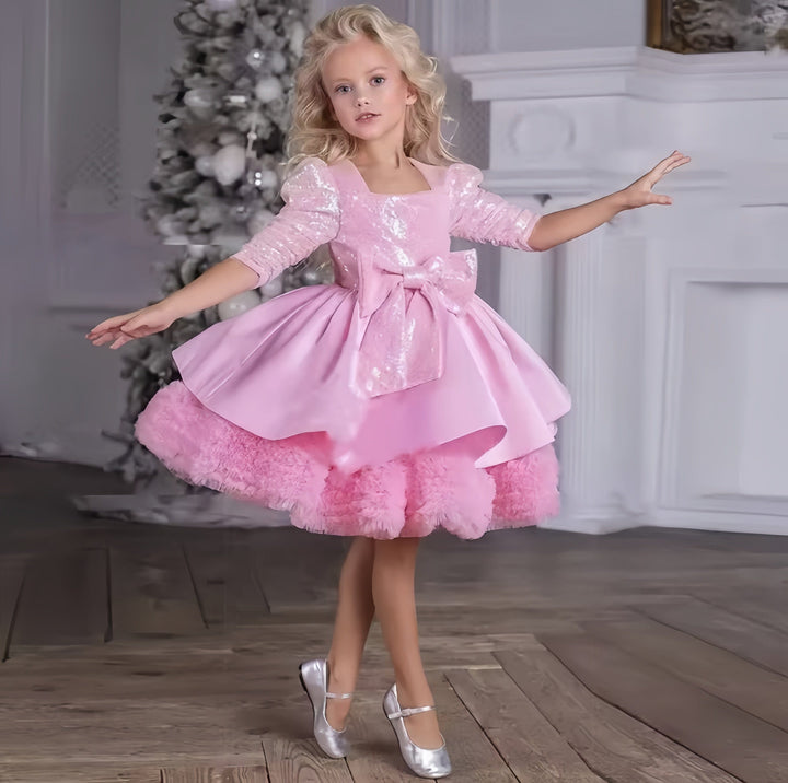 3m / Pink Sunnypetal Half Sleeve Square Neck Tutu Pink Flower Girl Dresses with Bow