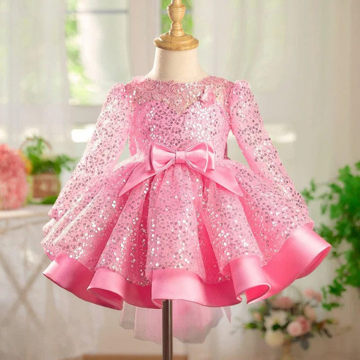 3m / Pink Sunnypetal Lilac Sparkle Bloom Girl Dress with Bow and Floral Tulle Train