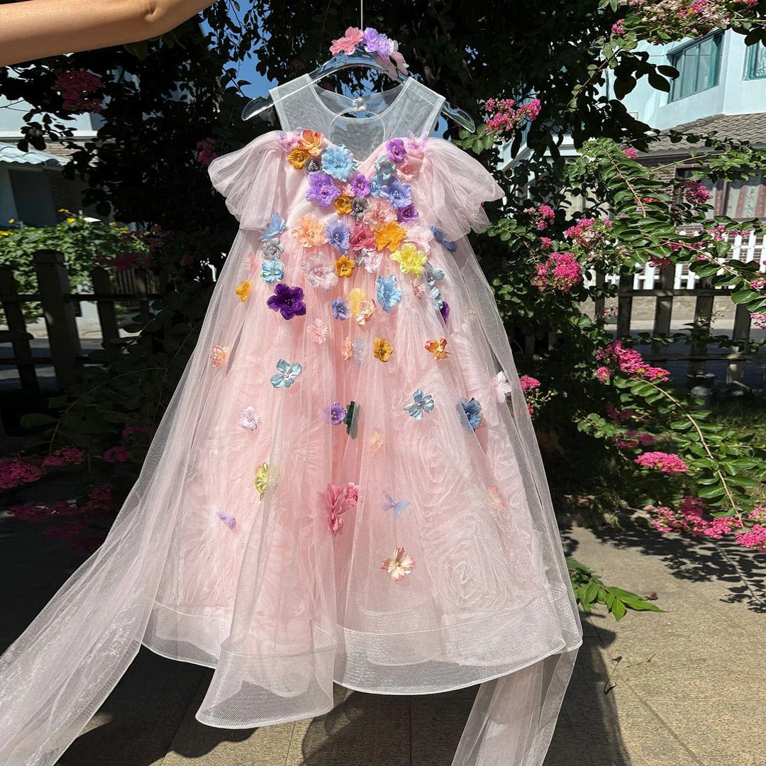 3m / Pink Sunnypetal Luxury Green Flower Girl Gown with 3D Floral Appliqués