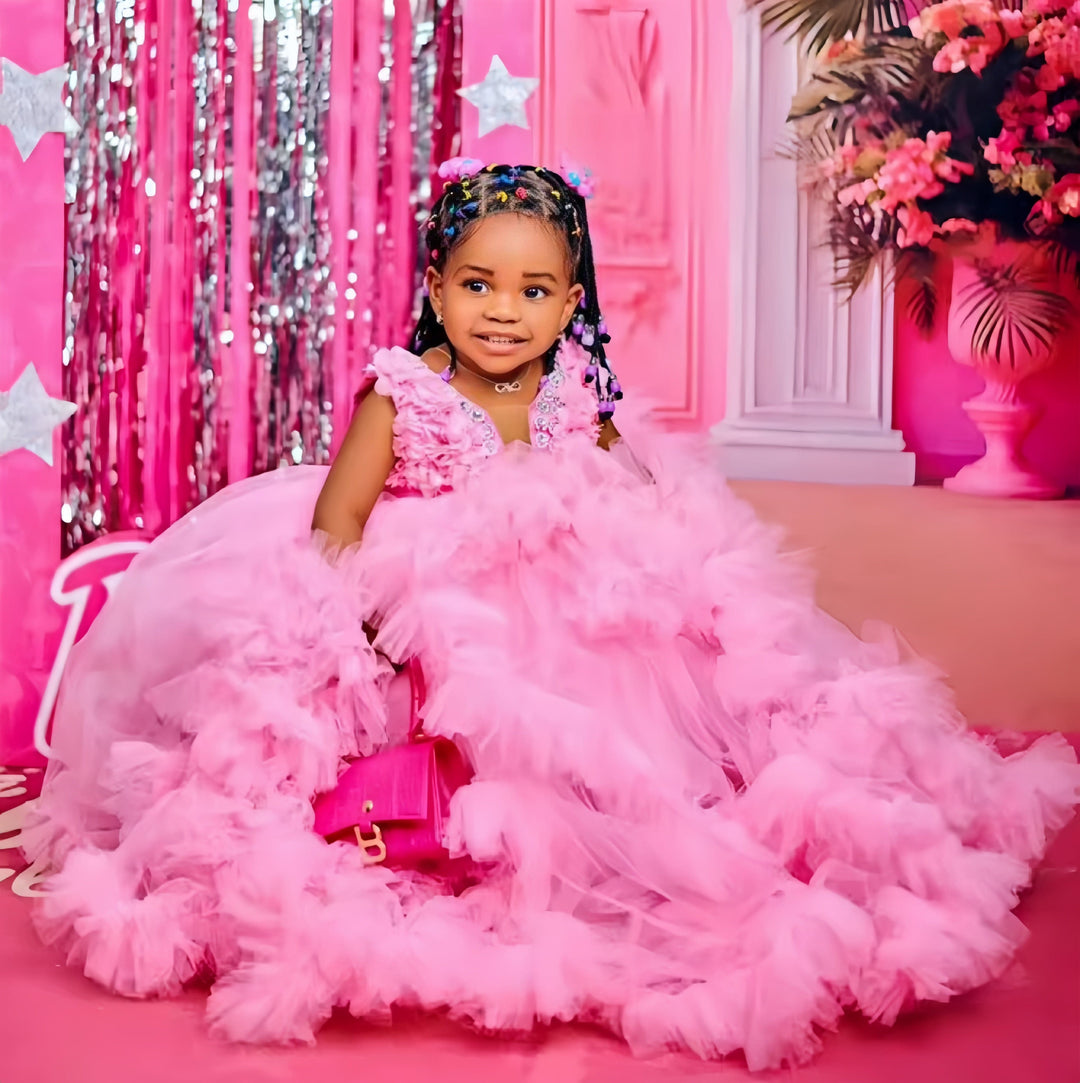 3m / Pink Sunnypetal Luxury Pink Kids Birthday Gown Beaded Ruffles Tulle Flower Girl Dresses