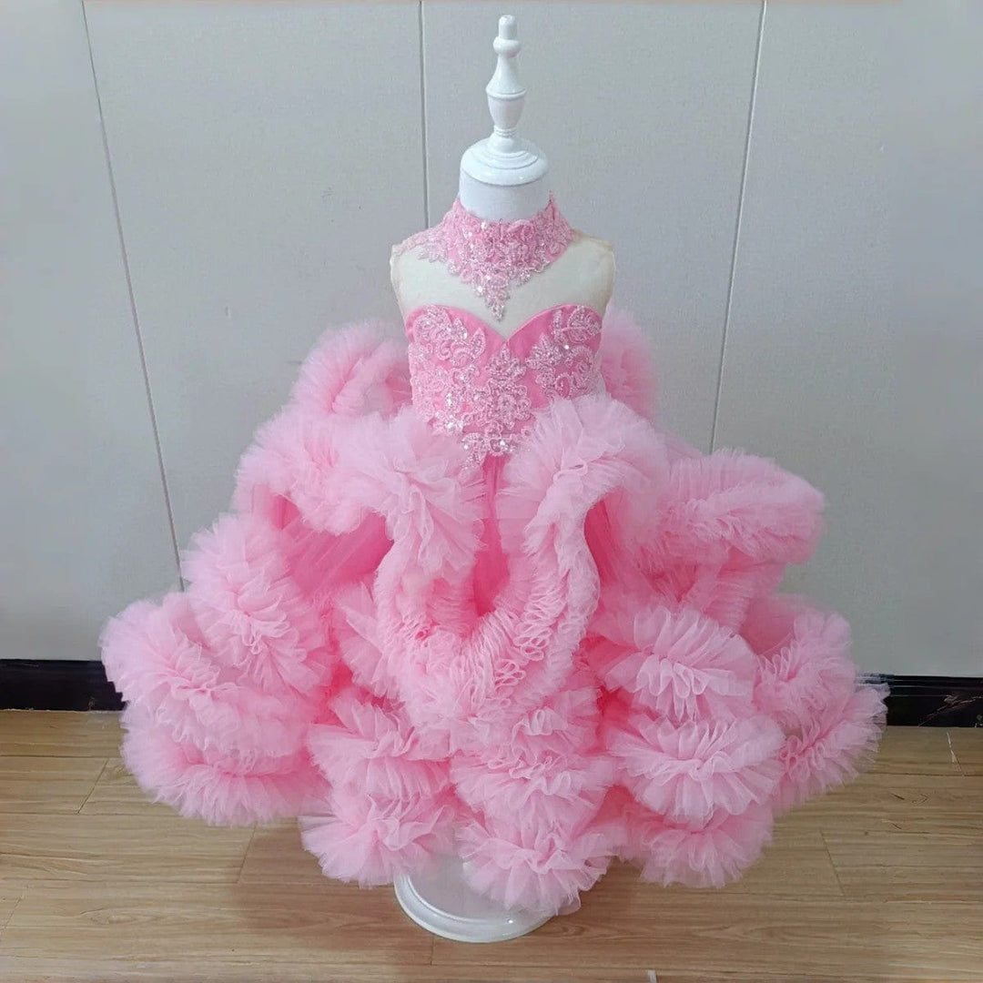 3m / Pink Sunnypetal Luxury Pink Ruffled Tulle Flower Girl Dress with Beaded Lace Appliques