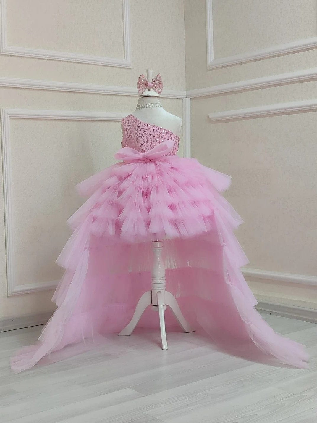3m / Pink Sunnypetal One Shoulder Pink Tulle Birthday Girl Dress Fluffy Tutu Dress with Train