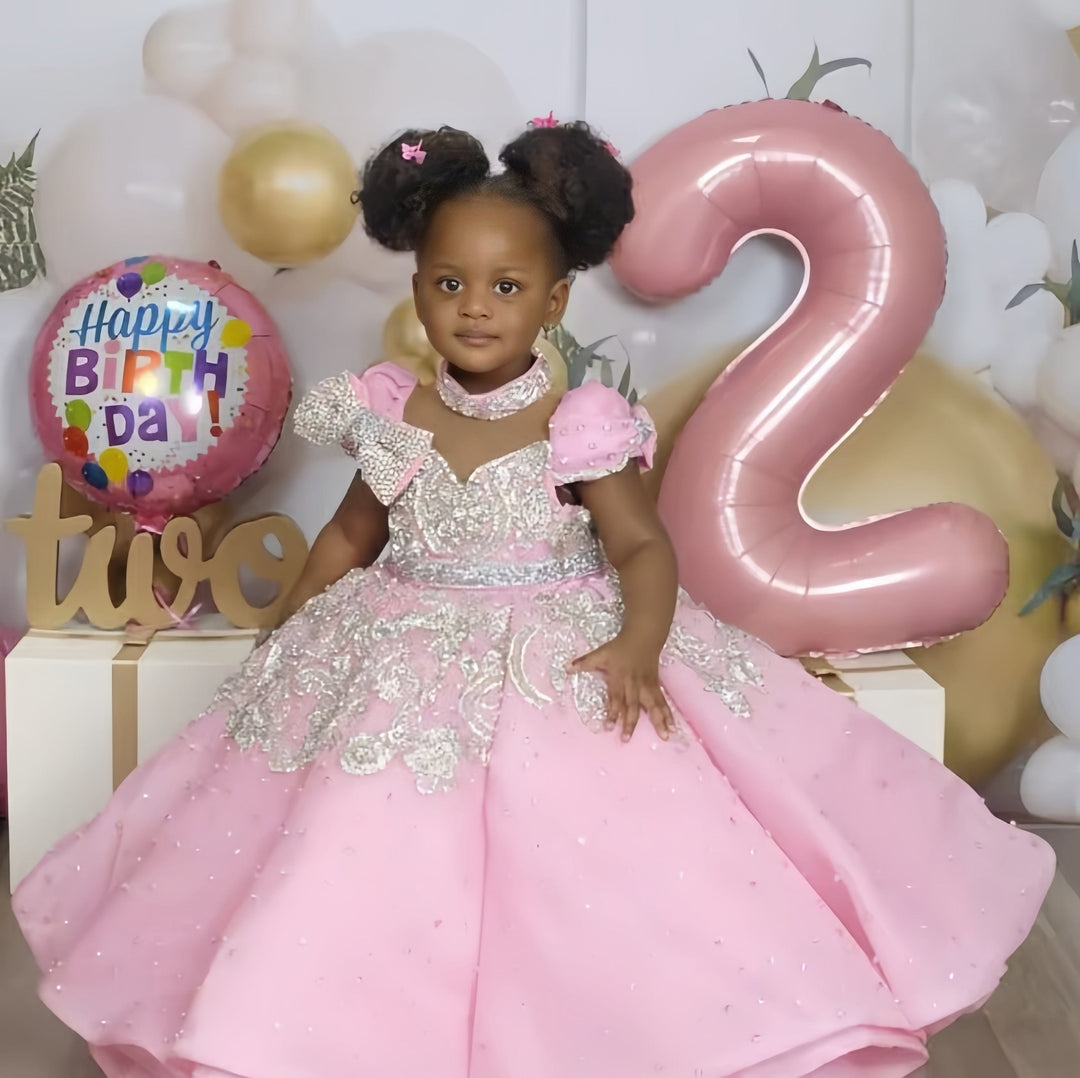 3m / Pink Sunnypetal Pink High Neck Flower Girl Dresses Birthday Party Princess Pageant Gowns