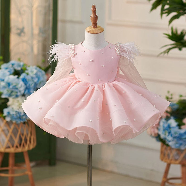 3m / Pink Sunnypetal Pink Long Sleeves Feathers Knee-Length Flower Girl Dresses with Bow
