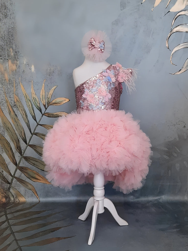 Sunnypetal Pink One-Shoulder High to Low Flower Girl Princess Pageant –  sunnypetal