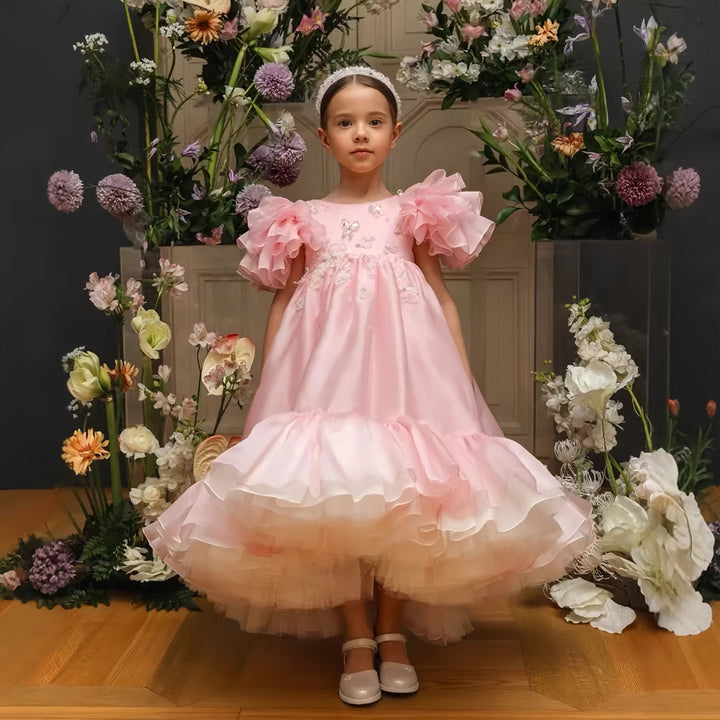 3m / Pink Sunnypetal Pink Ruffled Butterfly Flower Girl Dress with Layered Tulle Hem and Puff Sleeves