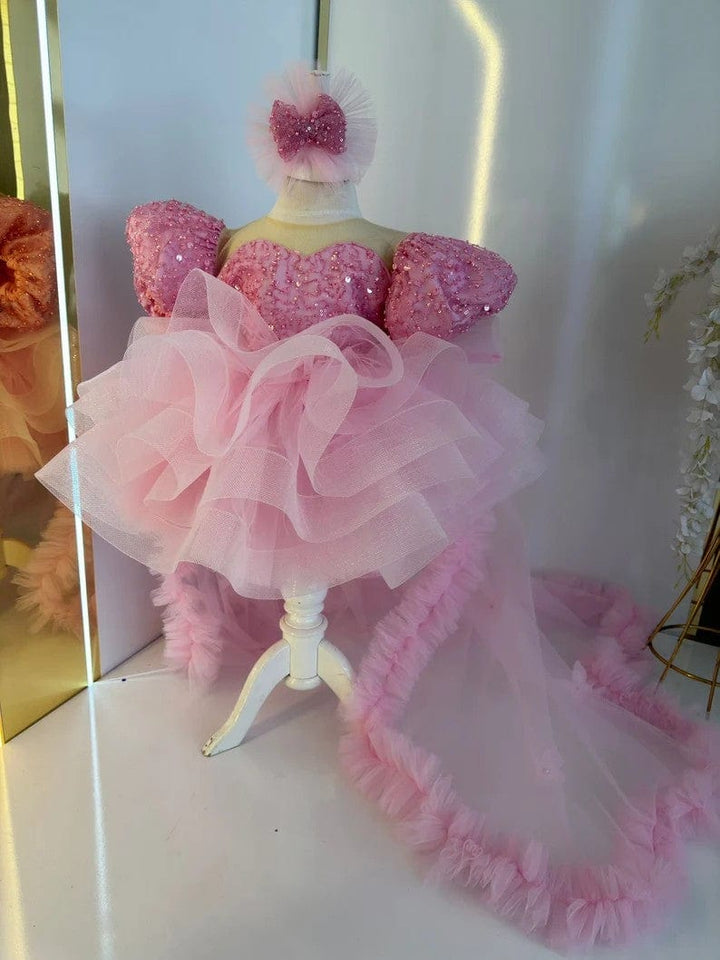 3m / Pink Sunnypetal Pink Sequined Puffy Tulle Princess Flower Girl Dress with Detachable Train