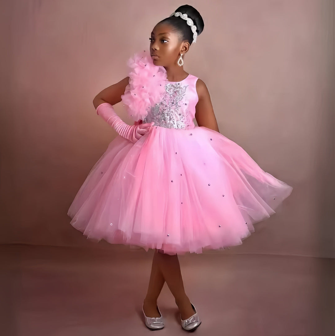 3m / Pink Sunnypetal Pink Sleeveless Beaded Bow Knee-Length Flower Girl Dresses
