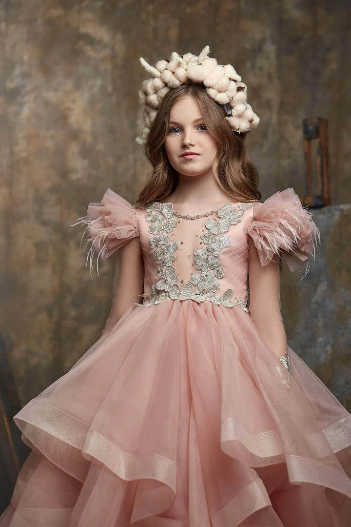 3m / Pink Sunnypetal Puff Sleeves Asymmetrical Waterfall Ruffle Gown with Butterfly Appliqués
