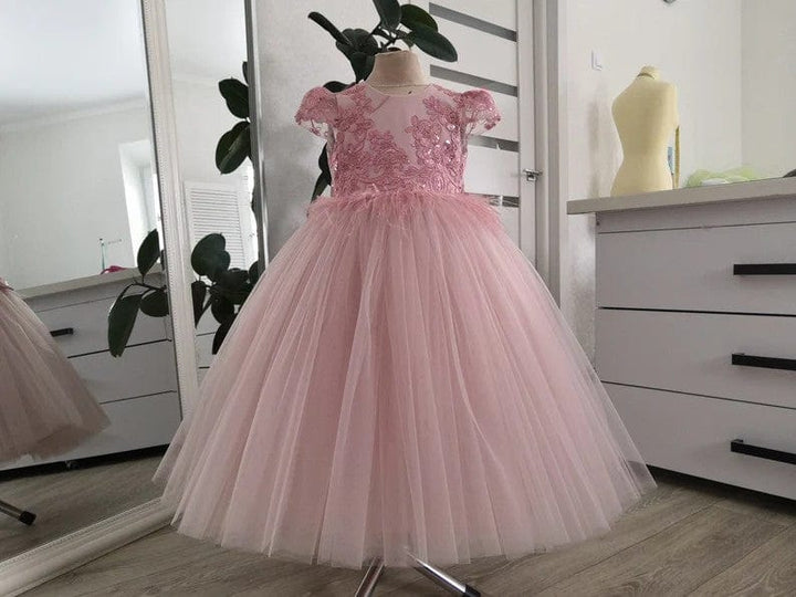 3m / Pink Sunnypetal Puffy Tull Ankle-Length Flower Girl Dress with Sparkly Lace Bodice&Feathers