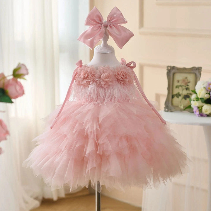 3m / Pink Sunnypetal Sleeveless Layered Tulle Flower Girl Dress with 3D Flowers and Bow