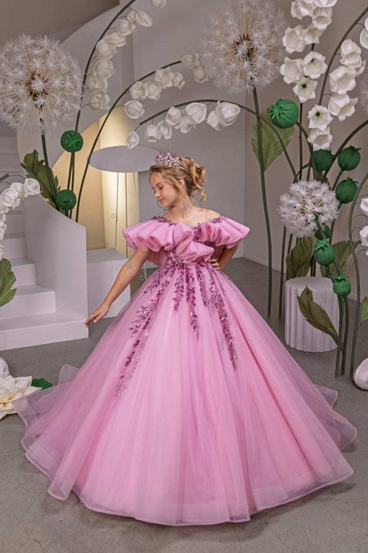 3m / Pink Sunnypetal Sweet Pink Off-Shoulder Ruffle Tulle Princess Flower Girl Ball Gown