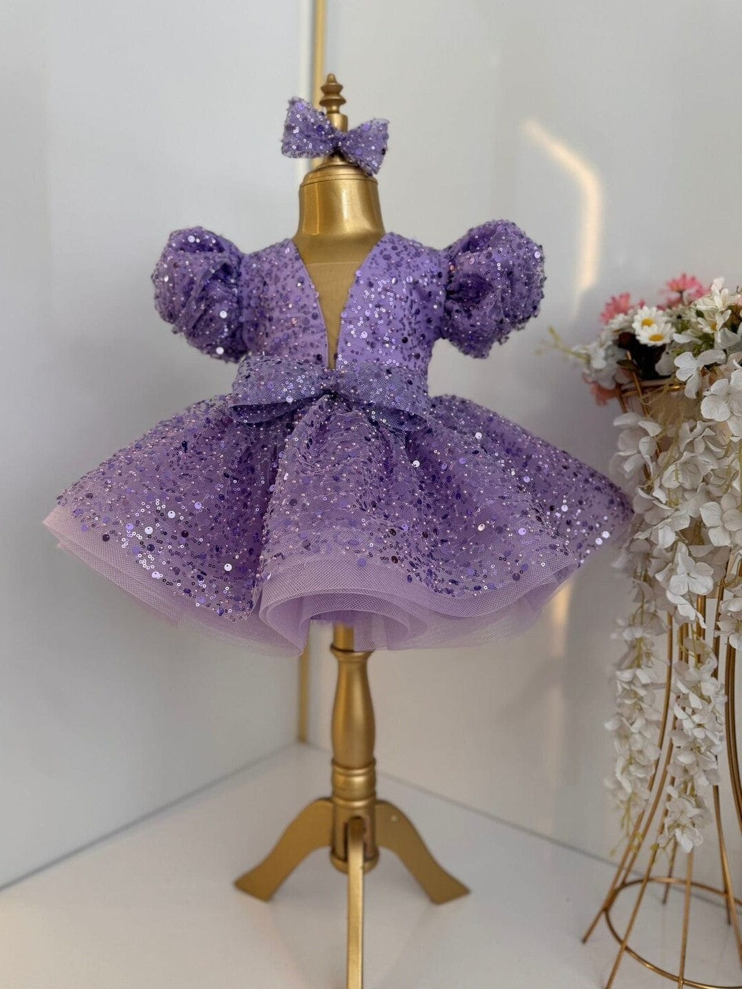 3m / Purple Sunnypetal Purple Puffy Sequined Tulle Princess Prom Flower Girl Dresses