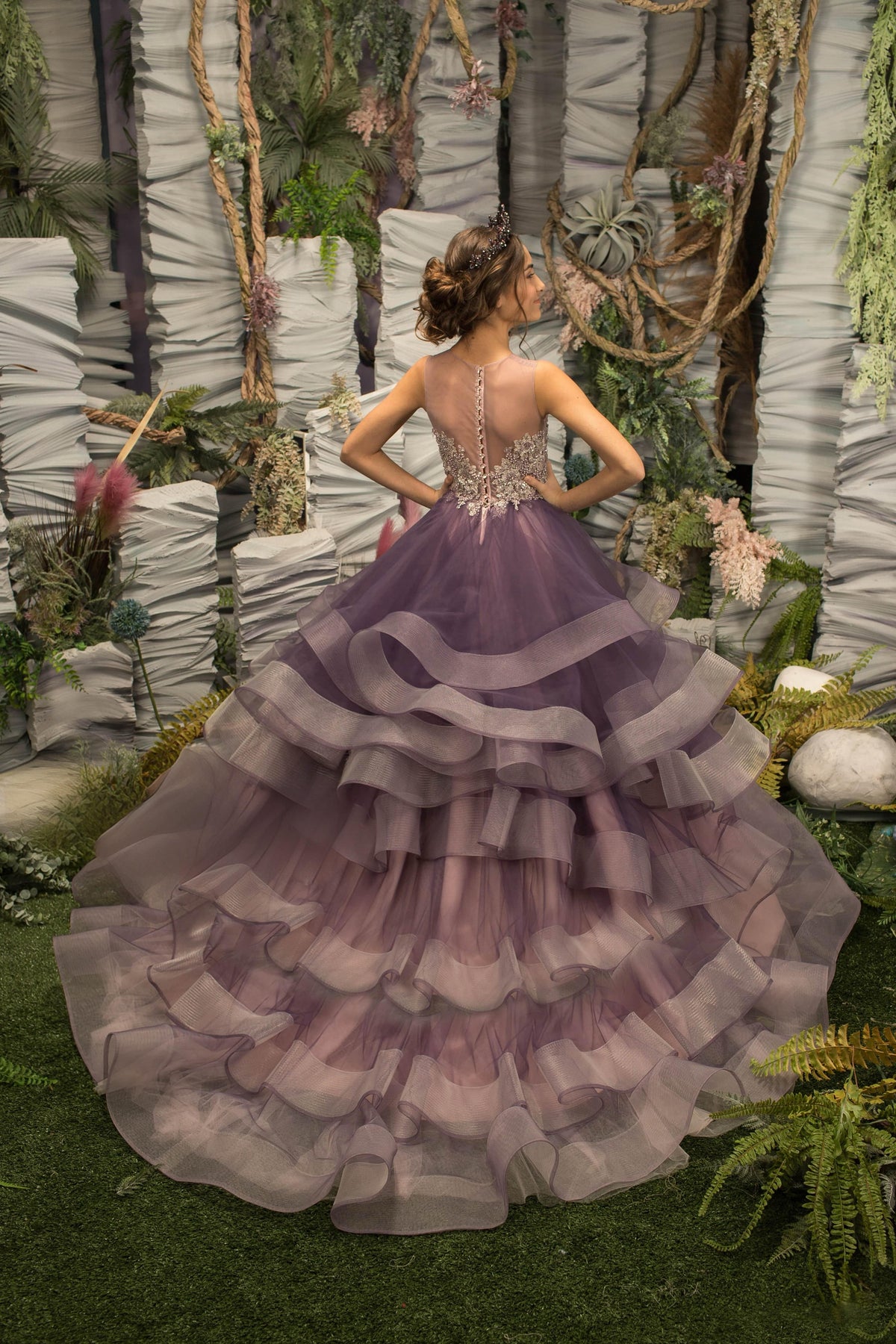petal ruffle strapless dress in purple Bloom Strapless Maxi Dress - Purple Floral