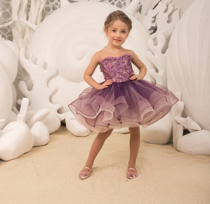 3m / Purple Sunnypetal Tulle Appliques Child Princess Flower Girl Dresses With Beading ﻿