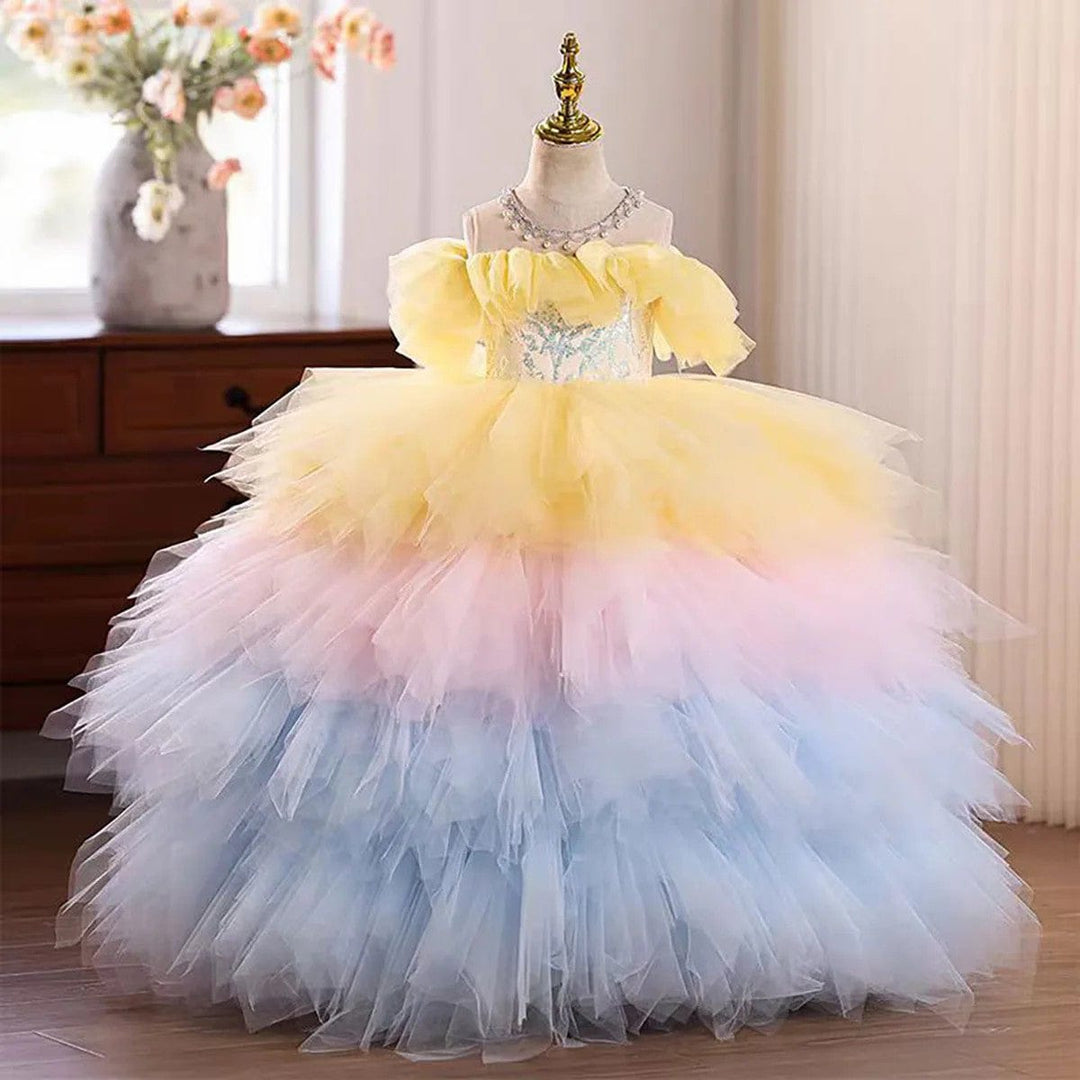 3m / Rainbow Sunnypetal Pastel Rainbow Off-the-Shoulder Layered Tulle Princess Flower Girl Dress