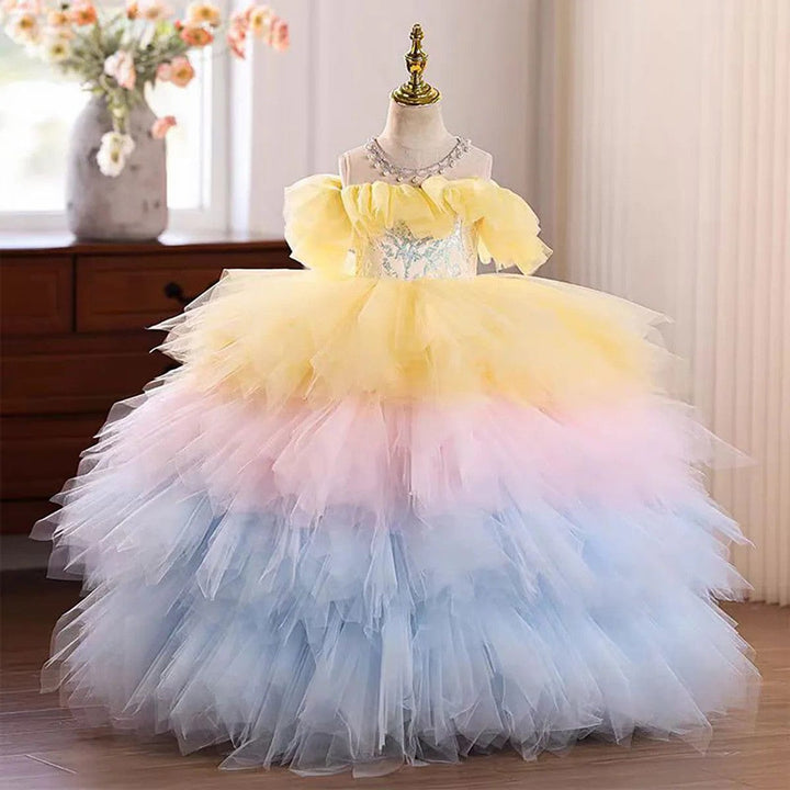 3m / Rainbow Sunnypetal Pastel Rainbow Off-the-Shoulder Layered Tulle Princess Flower Girl Dress