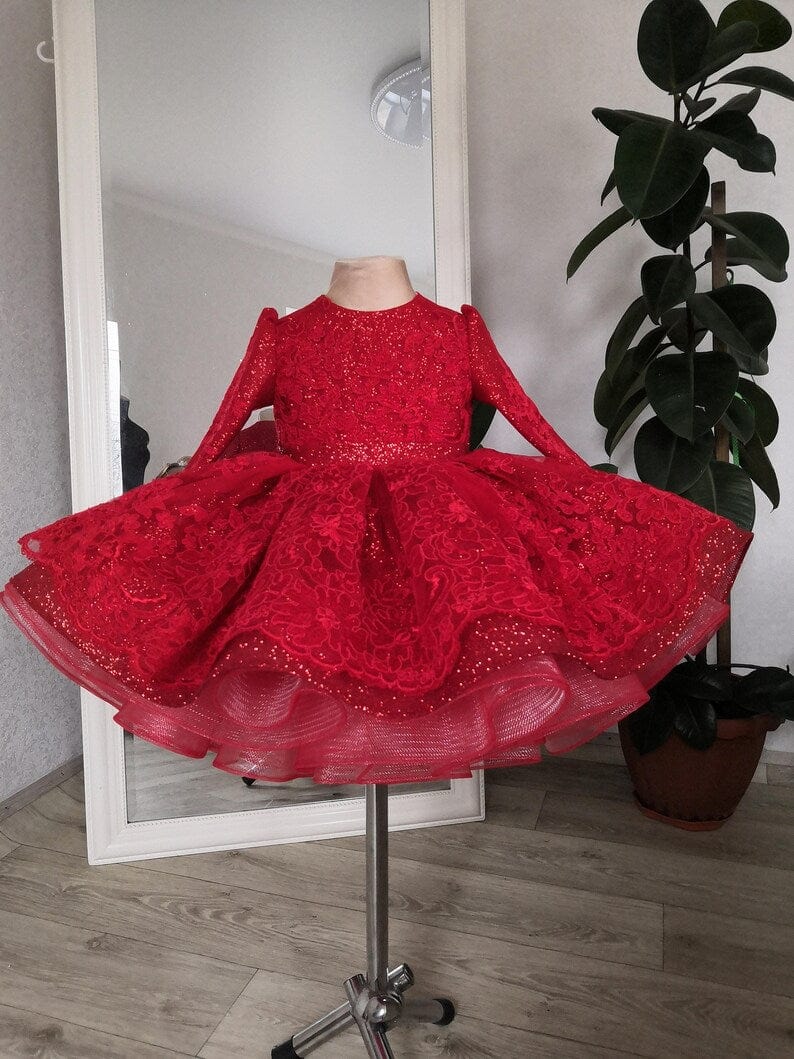 3m / Red Sunnypetal Red Lace Sparkling Knee-Length Flower Girl Dresses with Bow