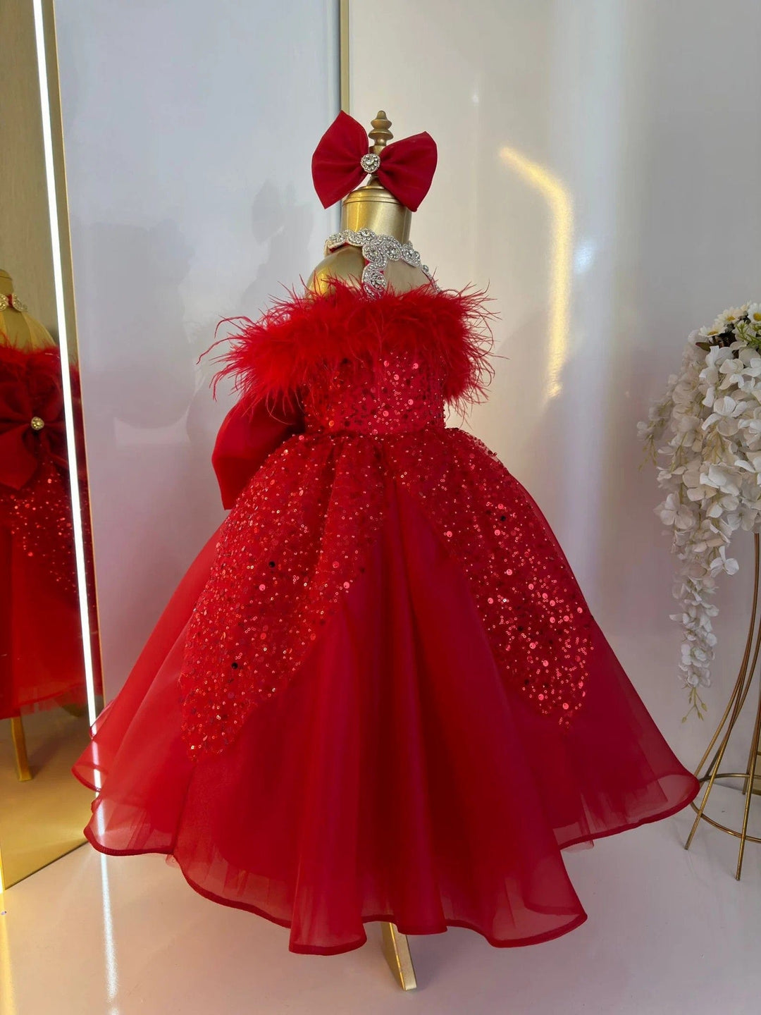 3m / Red Sunnypetal Red Puffy Feathers Sequin Wedding Pageant Prom Flower Girl Dresses