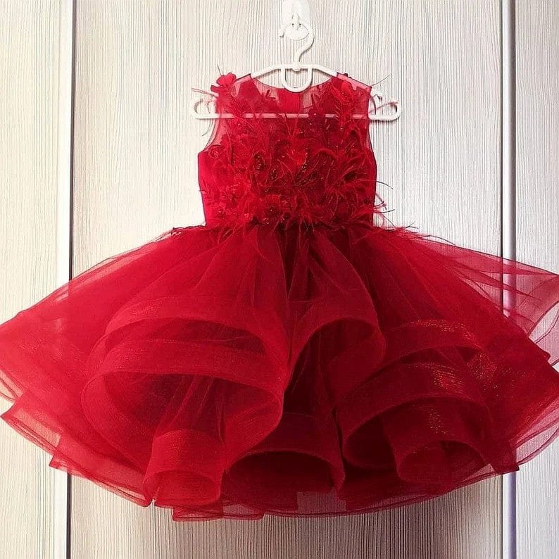3m / Red Sunnypetal Red Sleeveless Lace Flowers Feathers Ball-Gown Flower Girl Dresses