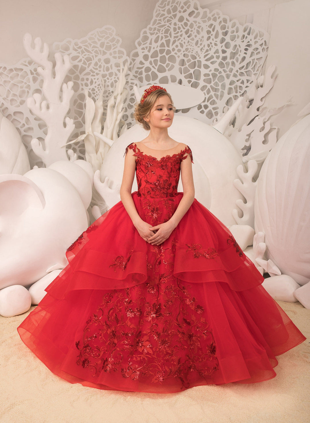 3m / Red Sunnypetal Stunning Red Prom Pageant Ball-Gown Lace Appliques Sequins Long Tulle Flower Girl Dresses