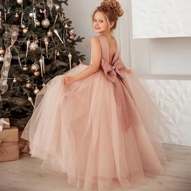 Sunnypetal Ball-Gown Satin Bow Tulle Pearls Floor-Length Flower Girl D   sunnypetal